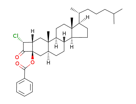 Molecular Structure of 86477-35-2 (Benzoic acid (1R,3aS,3bR,5aS,6aR,8R,8aR,9aS,9bS,11aR)-8-chloro-1-((R)-1,5-dimethyl-hexyl)-9a,11a-dimethyl-7-oxo-octadecahydro-cyclobuta[h]cyclopenta[a]phenanthren-6a-yl ester)