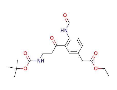 Molecular Structure of 144055-95-8 (Benzeneacetic acid,
3-[3-[[(1,1-dimethylethoxy)carbonyl]amino]-1-oxopropyl]-4-(formylamino)
-, ethyl ester)