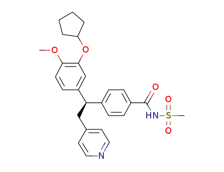 Molecular Structure of 192766-92-0 (Benzamide,
4-[1-[3-(cyclopentyloxy)-4-methoxyphenyl]-2-(4-pyridinyl)ethyl]-N-(methyl
sulfonyl)-, (R)-)