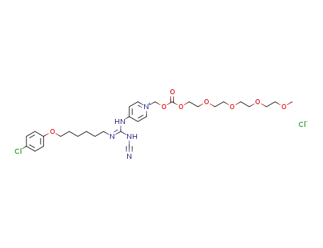 Molecular Structure of 432037-57-5 (1-[[[[2-[2-[2-[2-Methoxyethoxy]ethoxy]ethoxy]ethoxy]carbonyl]oxy]methyl]-4-[N'-cyano-N''-[6-[4-chlorophenoxy]hexyl]guanidino]pyridinium chloride)
