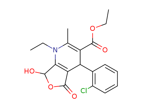 Molecular Structure of 111974-82-4 (Furo[3,4-b]pyridine-3-carboxylic acid,
4-(2-chlorophenyl)-1-ethyl-1,4,5,7-tetrahydro-7-hydroxy-2-methyl-5-oxo-,
ethyl ester)