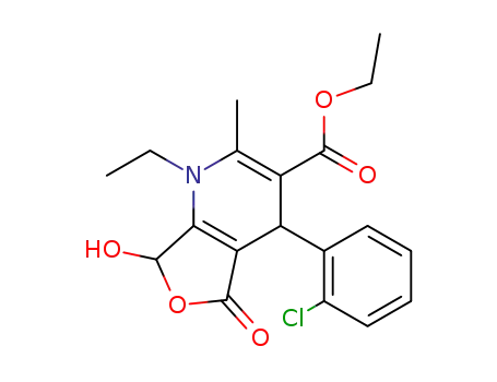 Molecular Structure of 111974-82-4 (Furo[3,4-b]pyridine-3-carboxylic acid,
4-(2-chlorophenyl)-1-ethyl-1,4,5,7-tetrahydro-7-hydroxy-2-methyl-5-oxo-,
ethyl ester)