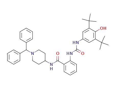 Molecular Structure of 184780-00-5 (Benzamide,
2-[[[[3,5-bis(1,1-dimethylethyl)-4-hydroxyphenyl]amino]carbonyl]amino]-
N-[1-(diphenylmethyl)-4-piperidinyl]-)