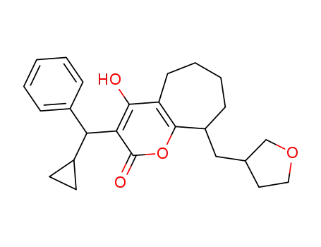 Molecular Structure of 166282-94-6 (Cyclohepta[b]pyran-2(5H)-one,
3-(cyclopropylphenylmethyl)-6,7,8,9-tetrahydro-4-hydroxy-9-[(tetrahydro-
3-furanyl)methyl]-)
