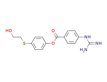 Molecular Structure of 114568-25-1 (Benzoic acid, 4-[(aminoiminomethyl)amino]-,
4-[(2-hydroxyethyl)thio]phenyl ester)