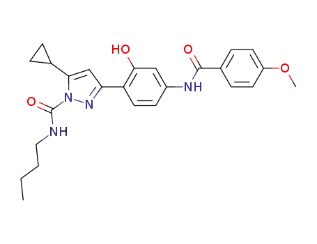Molecular Structure of 550316-75-1 (1H-Pyrazole-1-carboxamide,
N-butyl-5-cyclopropyl-3-[2-hydroxy-4-[(4-methoxybenzoyl)amino]phenyl]-)
