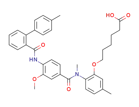 Molecular Structure of 183493-34-7 (Hexanoic acid,
6-[2-[[3-methoxy-4-[[(4'-methyl[1,1'-biphenyl]-2-yl)carbonyl]amino]benzo
yl]methylamino]-5-methylphenoxy]-)