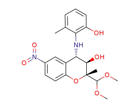 Molecular Structure of 804560-16-5 (2H-1-Benzopyran-3-ol,
2-(dimethoxymethyl)-3,4-dihydro-4-[(2-hydroxy-6-methylphenyl)amino]-2
-methyl-6-nitro-, (2R,3R,4S)-)