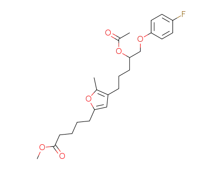 Molecular Structure of 67587-33-1 (2-Furanpentanoic acid,
4-[4-(acetyloxy)-5-(4-fluorophenoxy)pentyl]-5-methyl-, methyl ester)