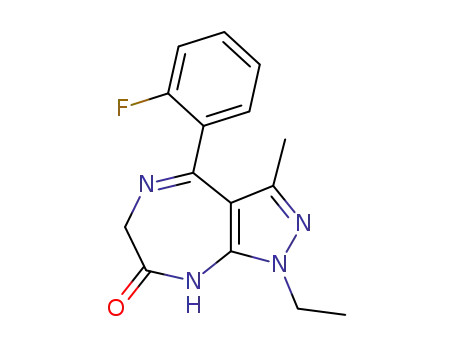 Molecular Structure of 31352-83-7 (Pyrazolo[3,4-e][1,4]diazepin-7(1H)-one,
1-ethyl-4-(2-fluorophenyl)-6,8-dihydro-3-methyl-)