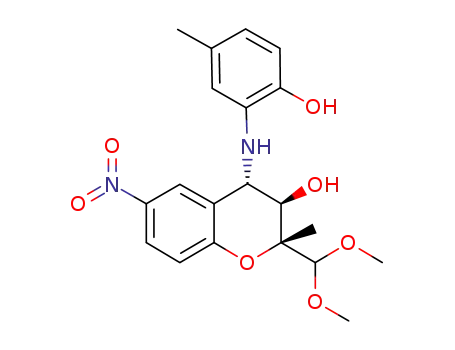 Molecular Structure of 804560-20-1 (2H-1-Benzopyran-3-ol,
2-(dimethoxymethyl)-3,4-dihydro-4-[(2-hydroxy-5-methylphenyl)amino]-2
-methyl-6-nitro-, (2R,3R,4S)-)
