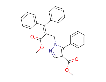 Molecular Structure of 60896-26-6 (1H-Pyrazole-1-propanoic acid,
a-(diphenylmethylene)-4-(methoxycarbonyl)-5-phenyl-, methyl ester)