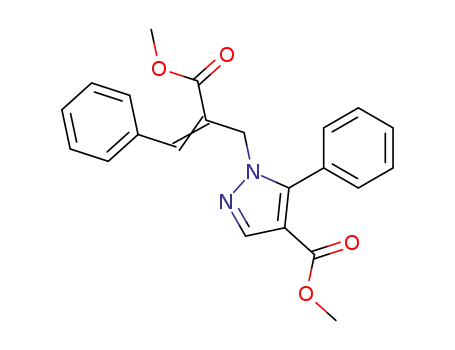 Molecular Structure of 60896-24-4 (1H-Pyrazole-1-propanoic acid,
4-(methoxycarbonyl)-5-phenyl-a-(phenylmethylene)-, methyl ester, (E)-)