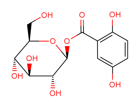 23445-11-6,b-D-Glucopyranose,1-(2,5-dihydroxybenzoate),Glucopyranose,1-gentisate (7CI); Glucopyranose, 1-gentisate, b-D- (8CI); Gentisic acid, b-D-glucopyranosyl ester (8CI); Gentisoyl glucose;Gentisoyl glucoside