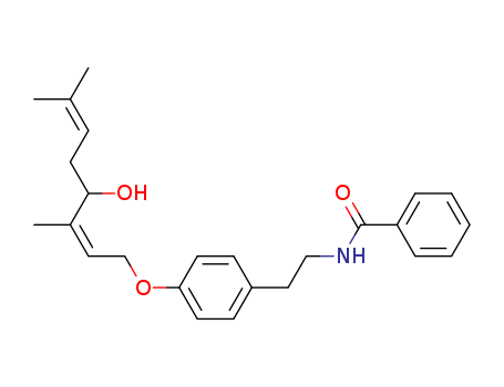 Molecular Structure of 126006-00-6 (Benzamide,
N-[2-[4-[(4-hydroxy-3,7-dimethyl-2,6-octadienyl)oxy]phenyl]ethyl]-, (E)-)