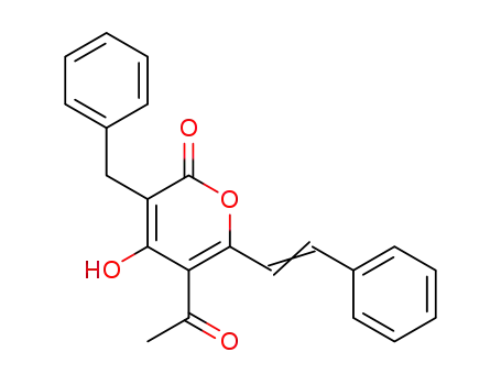 Molecular Structure of 60833-34-3 (2H-Pyran-2-one,
5-acetyl-4-hydroxy-6-(2-phenylethenyl)-3-(phenylmethyl)-, (E)-)