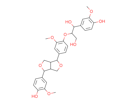 Molecular Structure of 105502-99-6 (1,3-Propanediol,
1-(4-hydroxy-3-methoxyphenyl)-2-[2-methoxy-4-[tetrahydro-4-(4-hydroxy
-3-methoxyphenyl)-1H,3H-furo[3,4-c]furan-1-yl]phenoxy]-)