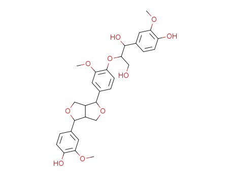 Molecular Structure of 105502-99-6 (1,3-Propanediol,
1-(4-hydroxy-3-methoxyphenyl)-2-[2-methoxy-4-[tetrahydro-4-(4-hydroxy
-3-methoxyphenyl)-1H,3H-furo[3,4-c]furan-1-yl]phenoxy]-)