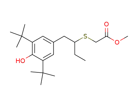 Molecular Structure of 52697-10-6 (Acetic acid,
[[1-[[3,5-bis(1,1-dimethylethyl)-4-hydroxyphenyl]methyl]propyl]thio]-,
methyl ester)