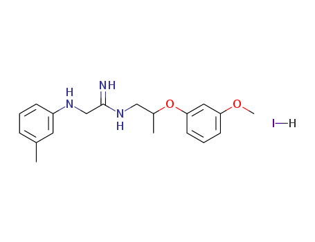 30114-90-0,Ethanimidamide,N-[2-(3-methoxyphenoxy)propyl]-2-[(3-methylphenyl)amino]-, hydriodide (1:1),Acetamidine,N-[2-(m-methoxyphenoxy)propyl]-2-m-toluidino-, monohydriodide (8CI);Ethanimidamide, N-[2-(3-methoxyphenoxy)propyl]-2-[(3-methylphenyl)amino]-,monohydriodide (9CI); BW 204C67