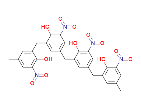 Molecular Structure of 59920-17-1 (Phenol,
2-[[4-hydroxy-3-[(2-hydroxy-5-methyl-3-nitrophenyl)methyl]-5-nitrophenyl]
methyl]-4-[(2-hydroxy-5-methyl-3-nitrophenyl)methyl]-6-nitro-)