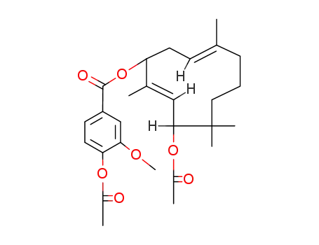 Molecular Structure of 66295-69-0 (Benzoic acid, 4-(acetyloxy)-3-methoxy-,
4-(acetyloxy)-2,5,5,9-tetramethyl-2,9-cycloundecadien-1-yl ester)