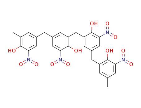 Molecular Structure of 59920-12-6 (Phenol,
2-[[2-hydroxy-5-[(2-hydroxy-5-methyl-3-nitrophenyl)methyl]-3-nitrophenyl]
methyl]-4-[(4-hydroxy-3-methyl-5-nitrophenyl)methyl]-6-nitro-)