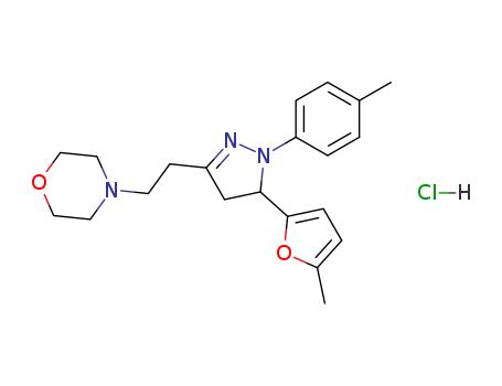 Molecular Structure of 102129-32-8 (Morpholine,4-[2-[4,5-dihydro-5-(5-methyl-2-furanyl)-1-(4-methylphenyl)-1H-pyrazol-3-yl]ethyl]-,hydrochloride (1:1))