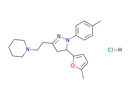 Molecular Structure of 102129-34-0 (Piperidine,1-[2-[4,5-dihydro-5-(5-methyl-2-furanyl)-1-(4-methylphenyl)-1H-pyrazol-3-yl]ethyl]-,hydrochloride (1:1))