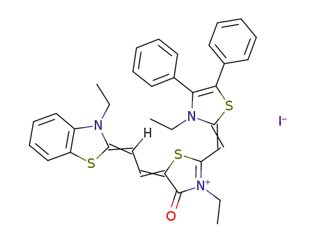 Molecular Structure of 72365-98-1 (Thiazolium,
3-ethyl-5-[(3-ethyl-2(3H)-benzothiazolylidene)ethylidene]-2-[(3-ethyl-4,5-
diphenyl-2(3H)-thiazolylidene)methyl]-4,5-dihydro-4-oxo-, iodide)