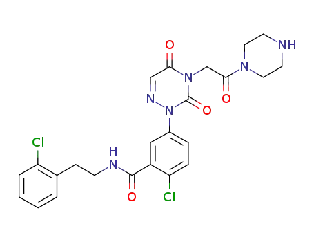 Molecular Structure of 724424-35-5 (Benzamide,
2-chloro-N-[2-(2-chlorophenyl)ethyl]-5-[4,5-dihydro-3,5-dioxo-4-[2-oxo-2
-(1-piperazinyl)ethyl]-1,2,4-triazin-2(3H)-yl]-)