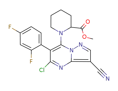 Molecular Structure of 632343-57-8 (2-Piperidinecarboxylic acid,
1-[5-chloro-3-cyano-6-(2,4-difluorophenyl)pyrazolo[1,5-a]pyrimidin-7-yl]-
, methyl ester)
