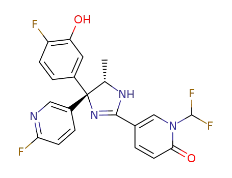 Molecular Structure of 677762-96-8 (2(1H)-Pyridinone,
1-(difluoromethyl)-5-[(4S,5S)-4-(4-fluoro-3-hydroxyphenyl)-4-(6-fluoro-3-
pyridinyl)-4,5-dihydro-5-methyl-1H-imidazol-2-yl]-)