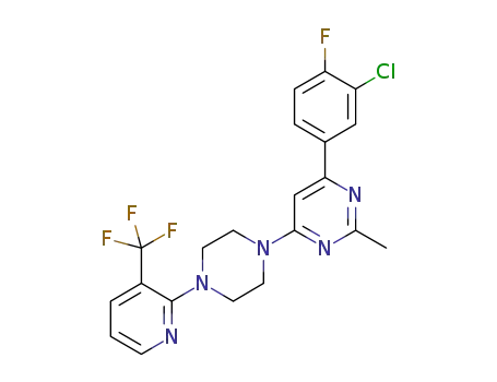 Molecular Structure of 833463-27-7 (Pyrimidine,
4-(3-chloro-4-fluorophenyl)-2-methyl-6-[4-[3-(trifluoromethyl)-2-pyridinyl]-
1-piperazinyl]-)