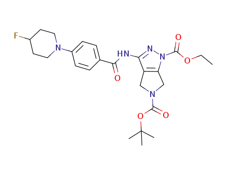 Molecular Structure of 827318-65-0 (Pyrrolo[3,4-c]pyrazole-1,5-dicarboxylic acid,
3-[[4-(4-fluoro-1-piperidinyl)benzoyl]amino]-4,6-dihydro-,
5-(1,1-dimethylethyl) 1-ethyl ester)