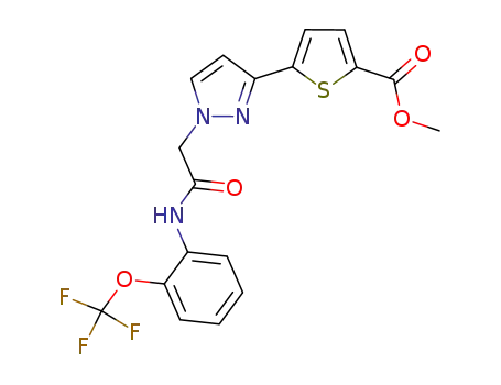 Molecular Structure of 656225-59-1 (2-Thiophenecarboxylic acid,
5-[1-[2-oxo-2-[[2-(trifluoromethoxy)phenyl]amino]ethyl]-1H-pyrazol-3-yl]-,
methyl ester)