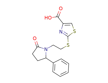 Molecular Structure of 597571-37-4 (4-Thiazolecarboxylic acid,
2-[[2-(2-oxo-5-phenyl-1-pyrrolidinyl)ethyl]thio]-)