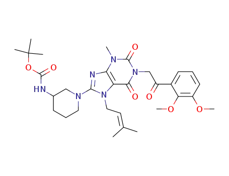 Molecular Structure of 668273-36-7 (Carbamic acid,
[1-[1-[2-(2,3-dimethoxyphenyl)-2-oxoethyl]-2,3,6,7-tetrahydro-3-methyl-7
-(3-methyl-2-butenyl)-2,6-dioxo-1H-purin-8-yl]-3-piperidinyl]-,
1,1-dimethylethyl ester)