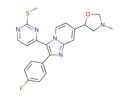 Molecular Structure of 762173-04-6 (2-(4-fluorophenyl)-7-(3-methyloxazolidin-5-yl)-3-(methylsulfanylpyrimidin-4-yl)imidazo[1,2-a]pyridine)