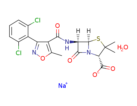 13412-64-1,Dicloxacillin sodium,4-Thia-1-azabicyclo[3.2.0]heptane-2-carboxylicacid,6-[3-(2,6-dichlorophenyl)-5-methyl-4-isoxazolecarboxamido]-3,3-dimethyl-7-oxo-,monosodium salt, monohydrate (8CI);4-Thia-1-azabicyclo[3.2.0]heptane-2-carboxylic acid,6-[[[3-(2,6-dichlorophenyl)-5-methyl-4-isoxazolyl]carbonyl]amino]-3,3-dimethyl-7-oxo-,monosodium salt, monohydrate, (2S,5R,6R)- (9CI);4-Thia-1-azabicyclo[3.2.0]heptane-2-carboxylic acid,6-[[[3-(2,6-dichlorophenyl)-5-methyl-4-isoxazolyl]carbonyl]amino]-3,3-dimethyl-7-oxo-,monosodium salt, monohydrate, [2S-(2a,5a,6b)]-;3-(2,6-Dichlorophenyl)-5-methyl-4-isoxazolyl penicillin sodium saltmonohydrate;Dichlorstapenor sodium;Dicloxacillin sodium hydrate;Dicloxacillin sodium monohydrate;Dicloxacillin sodium salt hydrate;P 1011;Sodium dicloxacillin hydrate;Sodium dicloxacillin monohydrate;