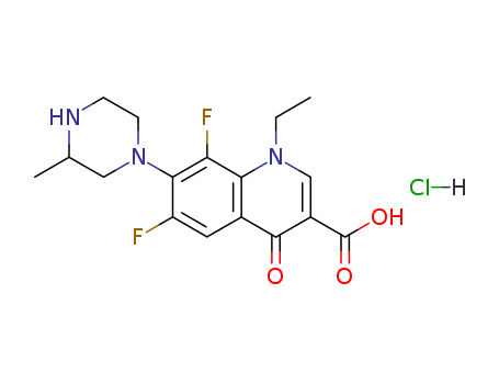 98079-52-8,Lomefloxacin hydrochloride,3-Quinolinecarboxylicacid, 1-ethyl-6,8-difluoro-1,4-dihydro-7-(3-methyl-1-piperazinyl)-4-oxo-,monohydrochloride (9CI);Alkaflox;Bareon;Chimono;Lomebact;3-Quinolinecarboxylicacid, 1-ethyl-6,8-difluoro-1,4-dihydro-7-(3-methyl-1-piperazinyl)-4-oxo-,hydrochloride (1:1);Lomflox;Lomitas;Lomoxin;Maxaquin;Mazaquin;Orchacin;Uniquin;