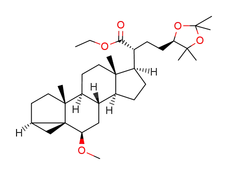 Molecular Structure of 113278-71-0 (3,5-Cyclocholestan-21-oic acid,
6-methoxy-24,25-[(1-methylethylidene)bis(oxy)]-, ethyl ester,
(3b,5a,6b,24R)-)