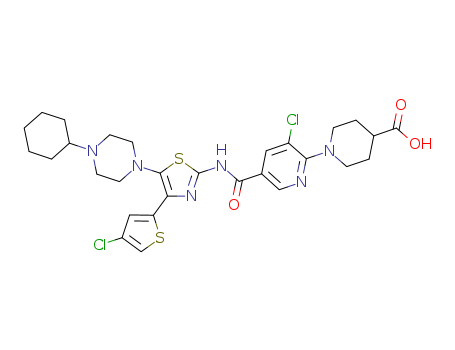 570406-98-3,AKR-501,UNII-3H8GSZ4SQL;AKR-501;YM 477;4-Piperidinecarboxylic acid, 1-(3-chloro-5-(((4-(4-chloro-2-thienyl)-5-(4-cyclohexyl-1-piperazinyl)-2-thiazolyl)amino)carbonyl)-2-pyridinyl)-;