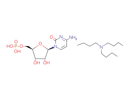 Molecular Structure of 51450-21-6 (Phosphoric acid mono-[(2R,3S,4R,5R)-5-(4-amino-2-oxo-2H-pyrimidin-1-yl)-3,4-dihydroxy-tetrahydro-furan-2-ylmethyl] ester; compound with tributyl-amine)