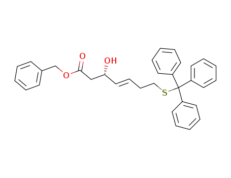 Molecular Structure of 180973-40-4 ((E)-(S)-3-Hydroxy-7-tritylsulfanyl-hept-4-enoic acid benzyl ester)
