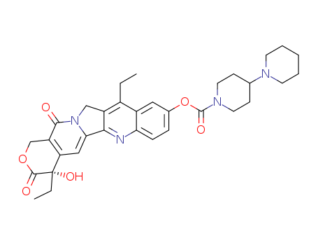97682-44-5,Irinotecan,[1,4'-Bipiperidine]-1'-carboxylic acid,(4S)-4,11-diethyl-3,4,12,14-tetrahydro- 4-hydroxy-3,14-dioxo-1H-pyrano[3',4':6,7]- indolizino[1,2-b]quinolin-9-yl ester;(+)-Irinotecan;Irinotecan base;Irinotecanum [INN-Latin];Irrotecan hydrochloride;1,4'-bipiperidine-1'-carboxylic acid (s)-4,11-diethyl-3,4,12,14- tetrahydro-4-hydroxy-3,14-dioxo-1h-pyrano[3',4':6,7]indolizino[1,2-b]quinolin -9-yl ester;Irinotecan HCL;Irinotecan(TECANS);
