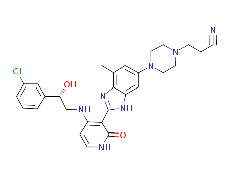 Molecular Structure of 468741-42-6 ((S)-3-(4-(2-(4-(2-(3-chlorophenyl)-2-hydroxyethylamino)-2-oxo-1,2-dihydropyridin-3-yl)-7-methyl-1H-benzo[d]imidazol-5-yl)piperazin-1-yl)propanenitrile)