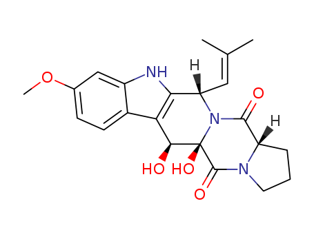 Molecular Structure of 111468-06-5 (5H,14H-Pyrrolo[1'',2'':4',5']pyrazino[1',2':1,6]pyrido[3,4-b]indole-5,14-dione,1,2,3,5a,6,11,12,14a-octahydro-5a,6-dihydroxy-9-methoxy-12-(2-methyl-1-propen-1-yl)-,(5aS,6S,12S,14aS)-)