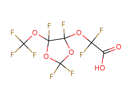 Molecular Structure of 1190931-41-9 (difluoro((2,2,4,5-tetrafluoro-5-(trifluoromethoxy)-1.3-dioxolan-4-yl)oxy)acetic acid)