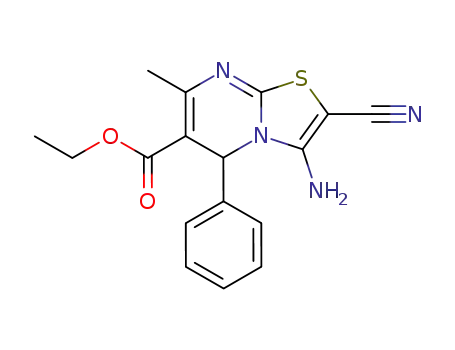 Molecular Structure of 154866-94-1 (5H-Thiazolo[3,2-a]pyrimidine-6-carboxylic acid,
3-amino-2-cyano-7-methyl-5-phenyl-, ethyl ester)